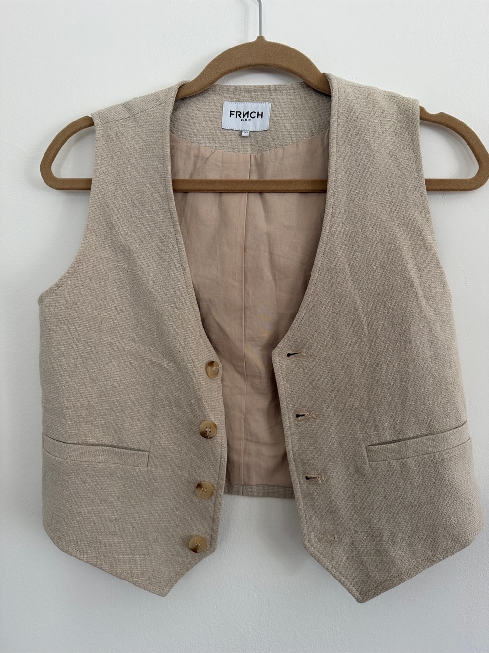 FRNCH Neutral Beige Linen-Blend Vest